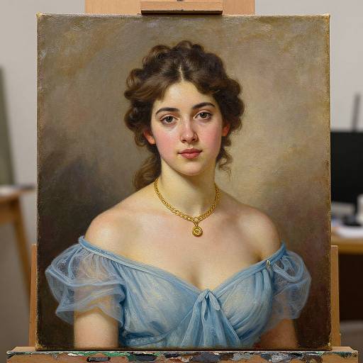 Realistic oil painting of a young woman with fair skin, dark wavy hair, blue off-shoulder dress, gold necklace, and soft expression