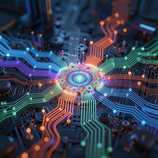 Digital CGI image of a colorful, glowing circuit board with multicolored wires, light nodes, and a bright central hub.