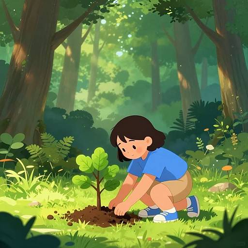 Digital illustration of a young boy with black hair, blue shirt, beige shorts, and blue shoes, planting a small green plant in a sunlit forest