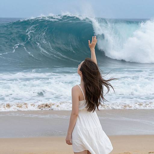 Photograph of a woman in a white dress with long dark hair, arms raised, facing ocean waves crashing on a sandy beach.