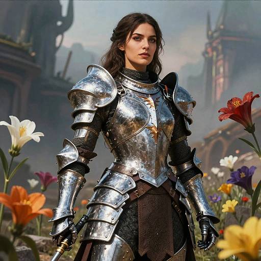 Digital art of a strong, beautiful woman with dark hair in shiny silver armor, standing in a colorful flower garden with medieval castle ruins in the background.