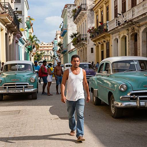 Photograph of a muscular, tan-skinned man in a white tank top and blue jeans walking down a sunlit, cobblestone street lined with