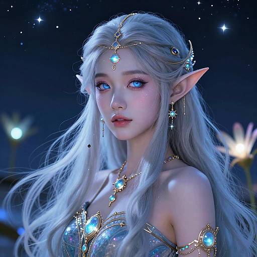 Digital fantasy artwork of a beautiful, blue-eyed, silver-haired elf woman with glowing jewelry, pointed ears, and starry night background.