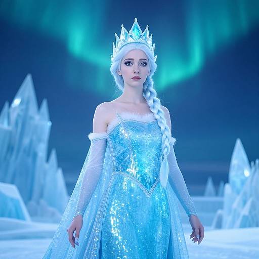 Digital artwork of a pale-skinned woman with white hair in a braid, wearing a silver, ice-like gown and crown, standing in an icy