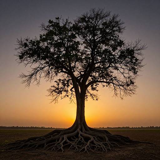 Silhouetted tree with sprawling roots against a vibrant sunset, blending orange, yellow, and purple hues in a serene landscape.