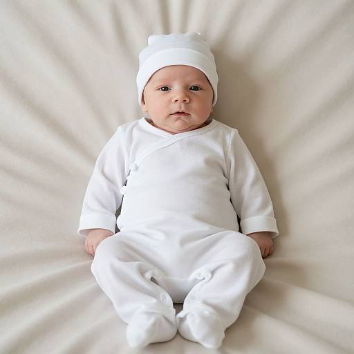 Photograph of a baby with light skin, wearing a white onesie and matching white hat, lying on a white, slightly wrinkled surface.