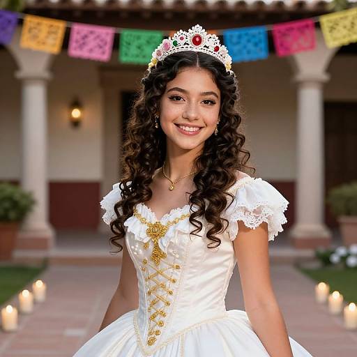 Photograph of a smiling Latina woman with curly brown hair, wearing a white lace princess dress, tiara, and gold embroidery, standing in a candle