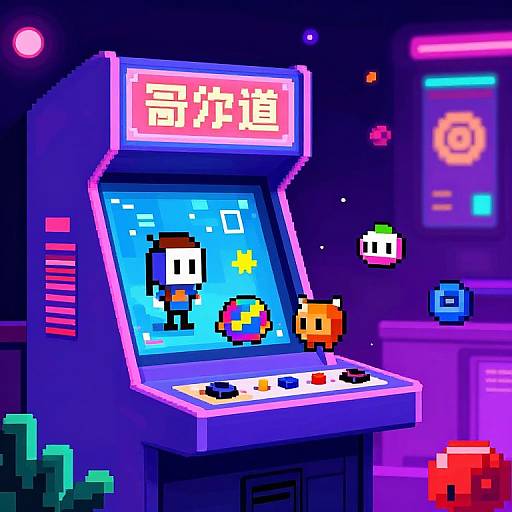 Pixel art of a neon-lit arcade game machine featuring pixelated characters, colorful buttons, and bright screen, set against a vibrant, futuristic background.
