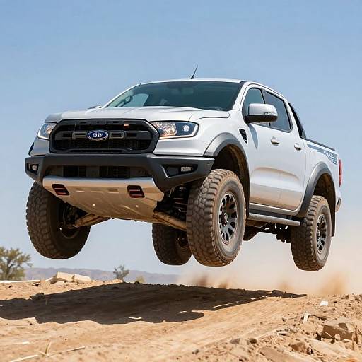 Photograph of a silver Ford F-150 lifted truck with black wheels, jumping off a rocky desert terrain under a clear blue sky.