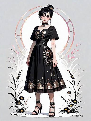 Stylish Woman in Black A-Line Dress with Floral Details