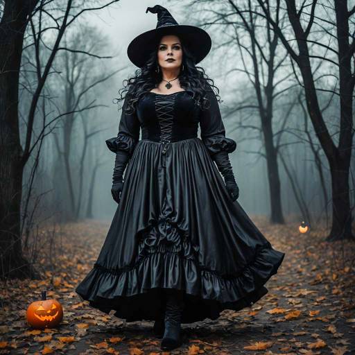Mature Woman in Witch Costume in Foggy Forest