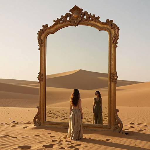 A woman in a flowing gown stands in a desert, gazing at her reflection in an ornate, gold-framed mirror. Dunes stretch into