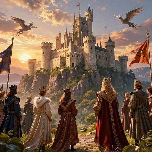 Fantasy castle sunset scene with royal figures in ornate robes, crowns, and a flying raven, gazing at a majestic stone fortress.