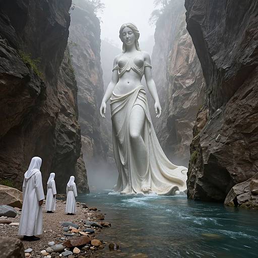 Photorealistic CGI: Giant white statue of a serene, draped goddess stands in a misty canyon, flanked by smaller robed figures. Rocky
