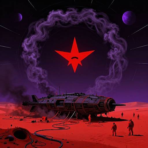 Digital illustration of a massive, smoking rocket under a red star with purple smoke, set against a red desert sky with two purple planets. Small figures stand