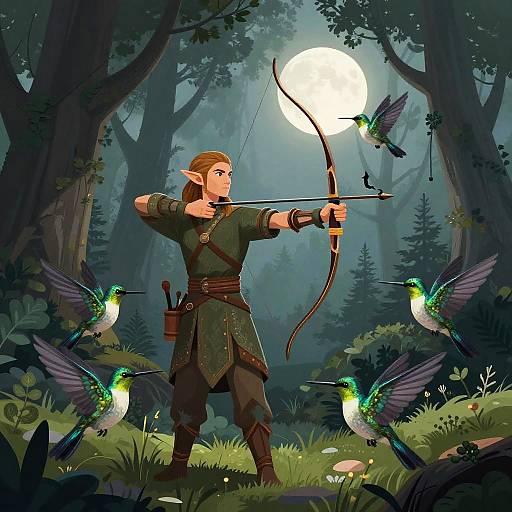 Elven Archer in Moonlit Forest with Hummingbirds