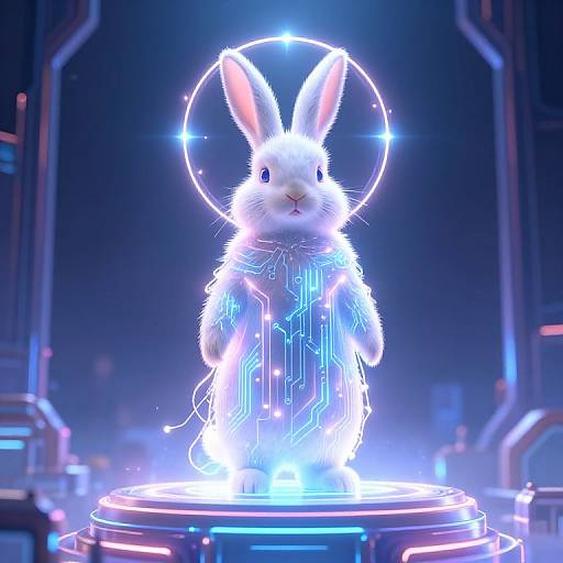 Digital CGI of glowing white rabbit with neon blue circuits, illuminated halo, and futuristic background, standing on a metallic platform.