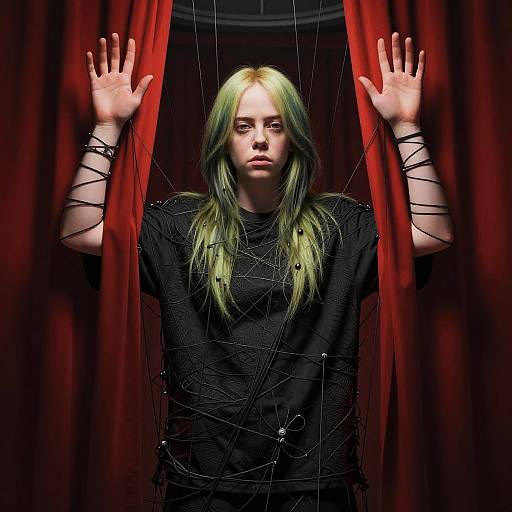 Photograph of a pale, green-haired woman with black eyes, wearing a black, web-entangled shirt, hands pressed against red curtains, intense