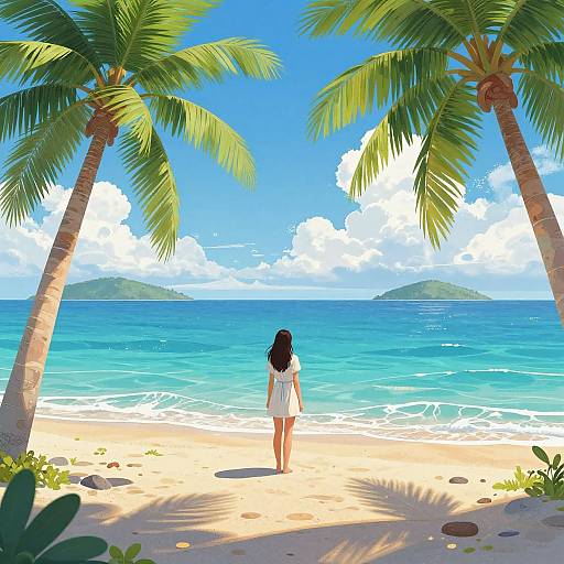 Digital painting of a woman in a white dress, standing on a sunny beach, facing turquoise ocean, framed by two tall palm trees.