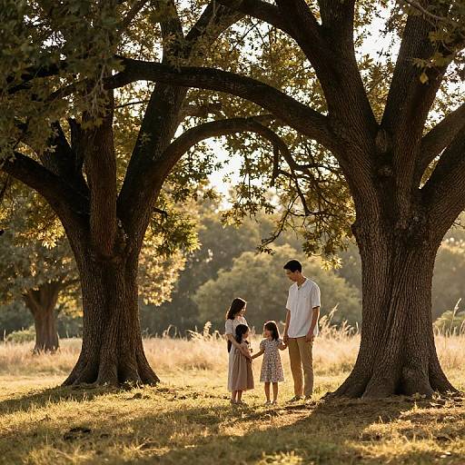 Photograph of a family standing under large, sunlit trees in a golden grass field at sunset, with warm, dappled light.