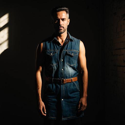 Man in Sleeveless Denim Mini Dress in Dark Urban Setting