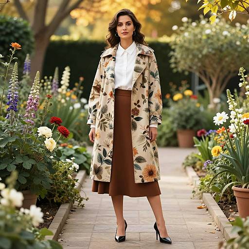 Woman in Floral Coat on Garden Path