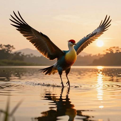 Golden Hour Bird Ascending Misty Lagoon