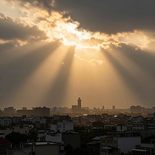 Photograph of a cityscape at sunset, with golden sunlight rays piercing through thick clouds, illuminating the silhouette of buildings in the foreground.