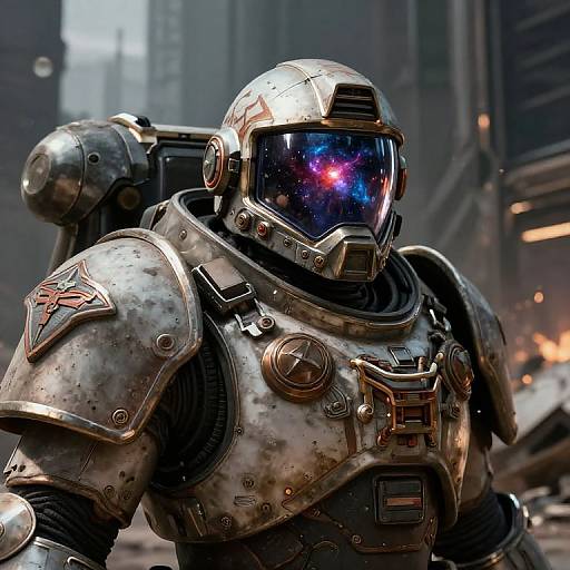 Digital CGI of a futuristic, armored space soldier with a reflective helmet, galaxy-patterned visor, and metallic armor in a dystopian cityscape.
