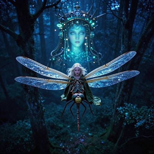 Digital artwork of a white-haired fairy with glowing blue insect wings, floating in a dark, ethereal forest, illuminated by a glowing blue face framed by
