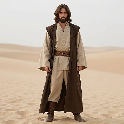 Photograph of a bearded man with long black hair, wearing a beige and black desert robe, standing in a sandy desert.
