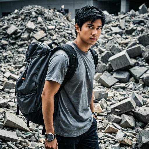 Young man with backpack standing in rubble
