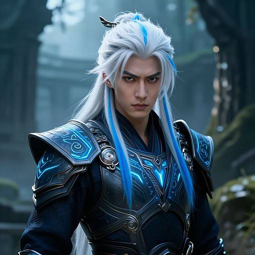 Digital art of a stern, white-haired male warrior with blue streaks, wearing intricate black armor with glowing blue accents in a foggy, ancient forest