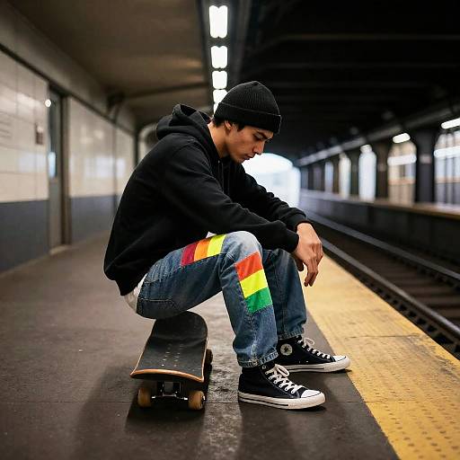 Urban Skateboarder in Neon Patchwork Jeans