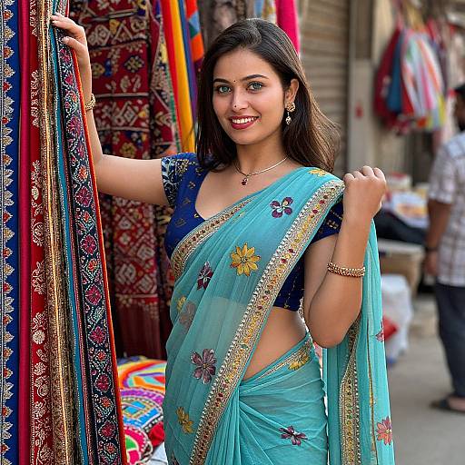 Photograph of a smiling Indian woman with medium brown skin and dark hair, wearing a turquoise saree with gold and floral embroidery, standing in a colorful