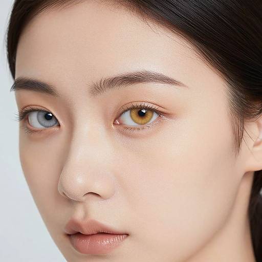 Close-up photograph of an Asian woman with heterochromia; one blue eye and one yellow eye, smooth fair skin, dark hair, minimal makeup
