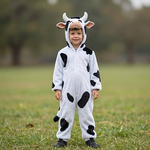 Photograph of a smiling young boy in a white and black cow-print onesie with horns, standing on grass in a park.