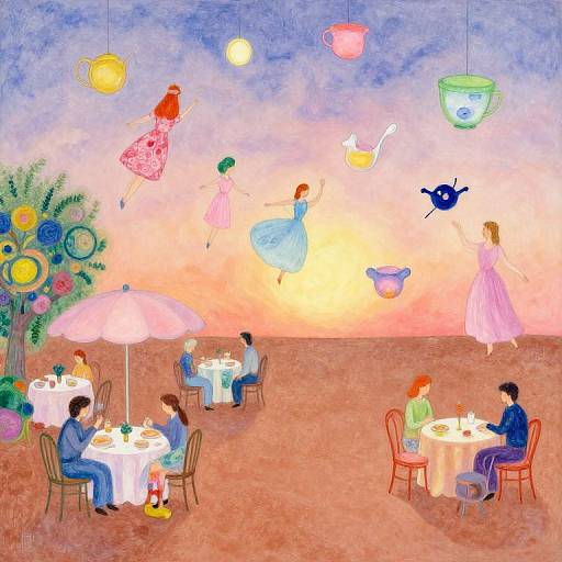 Whimsical painting of a sunset garden: floating women in pastel dresses, lanterns, teapot, teacup, people dining under umb