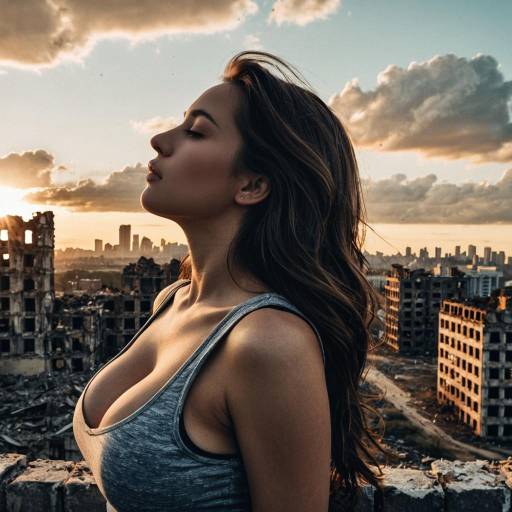 Woman enjoying sunset over ruined cityscape