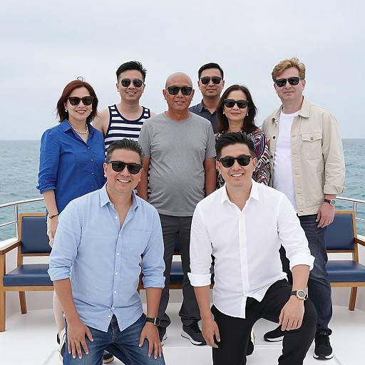 Joyful Group Photo Aboard a Boat
