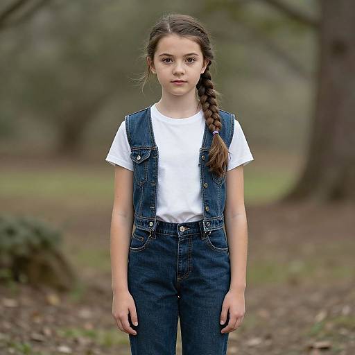 Photograph of a young girl with long brown braided hair, wearing a white t-shirt and dark blue denim overalls, standing in a blurred forest