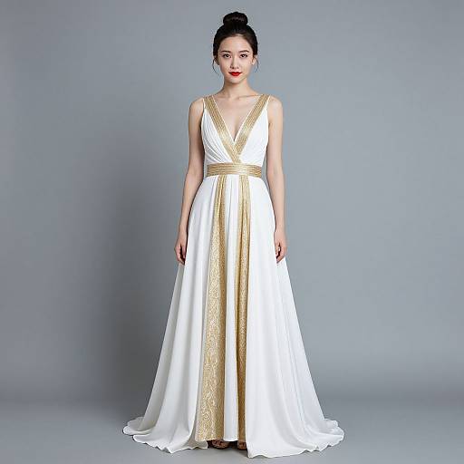 Photograph of a fair-skinned woman with black hair in an updo, wearing a sleeveless, white, V-neck gown with gold accents,