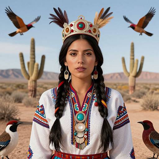 Photograph of a Native American woman with long black braids, wearing a decorative white embroidered dress and feathered crown, surrounded by birds, cact