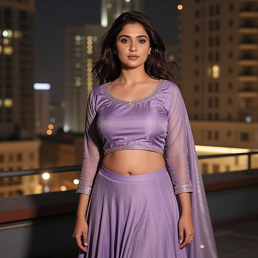 Photograph of a young South Asian woman with medium skin tone and dark hair, wearing a lavender traditional outfit with sheer sleeves, standing on a rooftop at