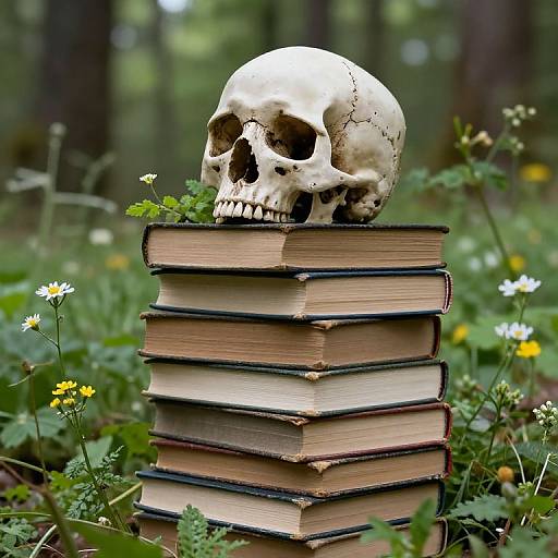 Skull on Books with Forest Flora