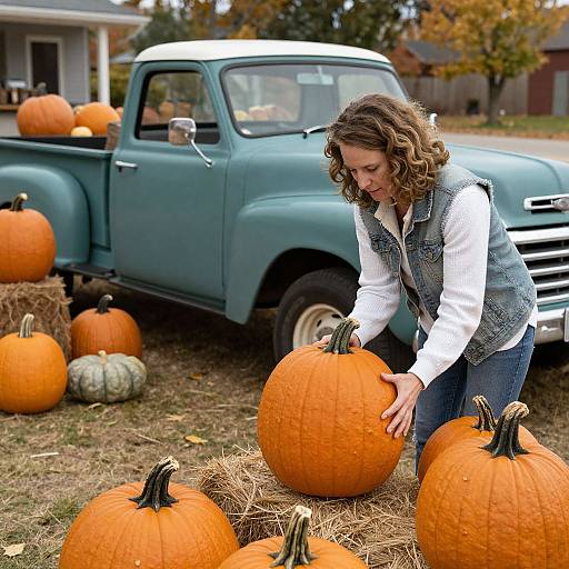 Woman Choosing Orange Pumpkins Vintage Stand