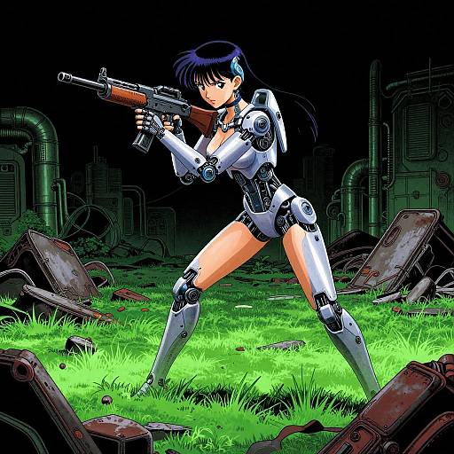 Digital anime-style drawing: Cybernetic woman with blue hair, large breasts, and white armor, aiming a rifle in a grassy, industrial ruin