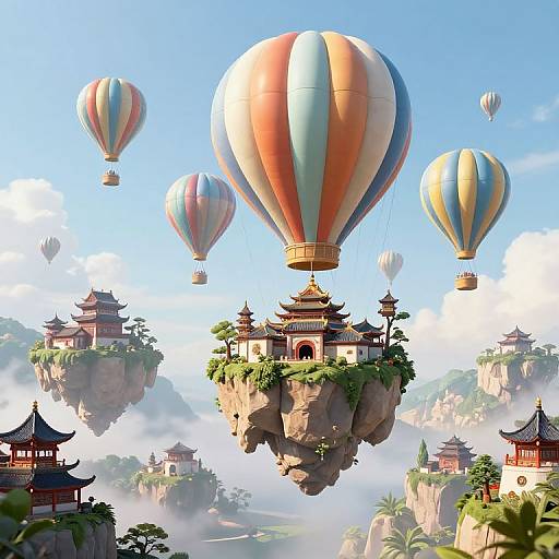 Digital art of colorful hot air balloons floating above floating, traditional Chinese-style temples and pagodas amidst a misty, cloud-covered landscape.