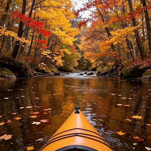 Photograph of a kayak's yellow bow navigating a serene forest stream, surrounded by vibrant red, orange, and yellow autumn leaves.