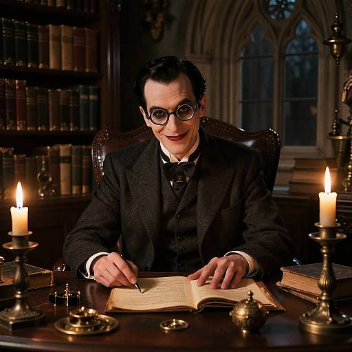 Photograph of a bespectacled man in a Victorian-style black suit, smiling while writing in an open book, surrounded by candles and books in